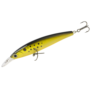 Yellow and black fishing lure on a white background