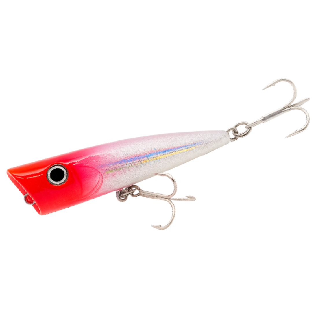 Fishing lure with a red and white body on a white background