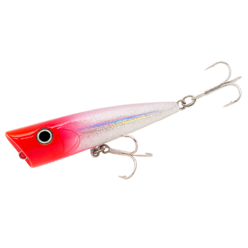 Fishing lure with a red and white body on a white background