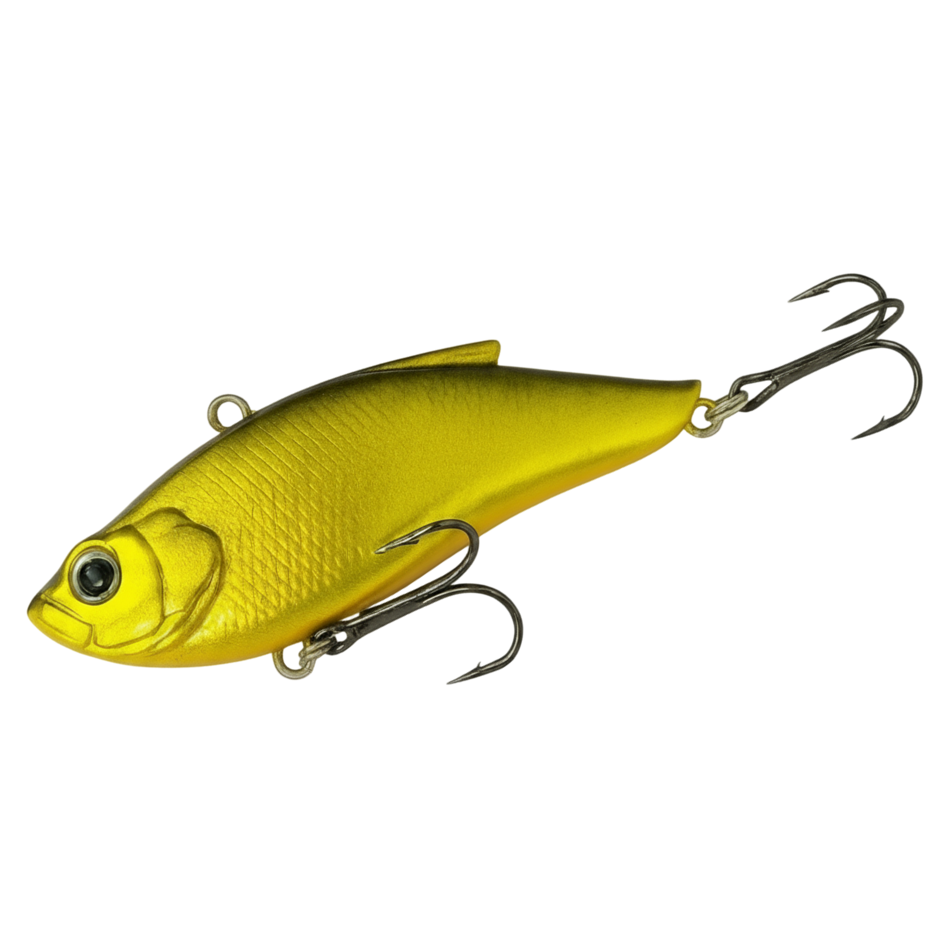Yellow fishing lure with a hook on a white background
