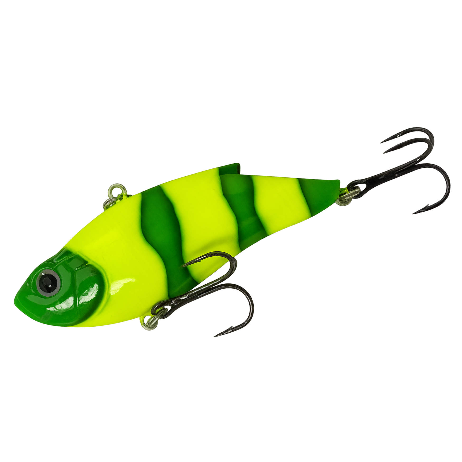 Green and yellow striped fishing lure with treble hooks on a white background