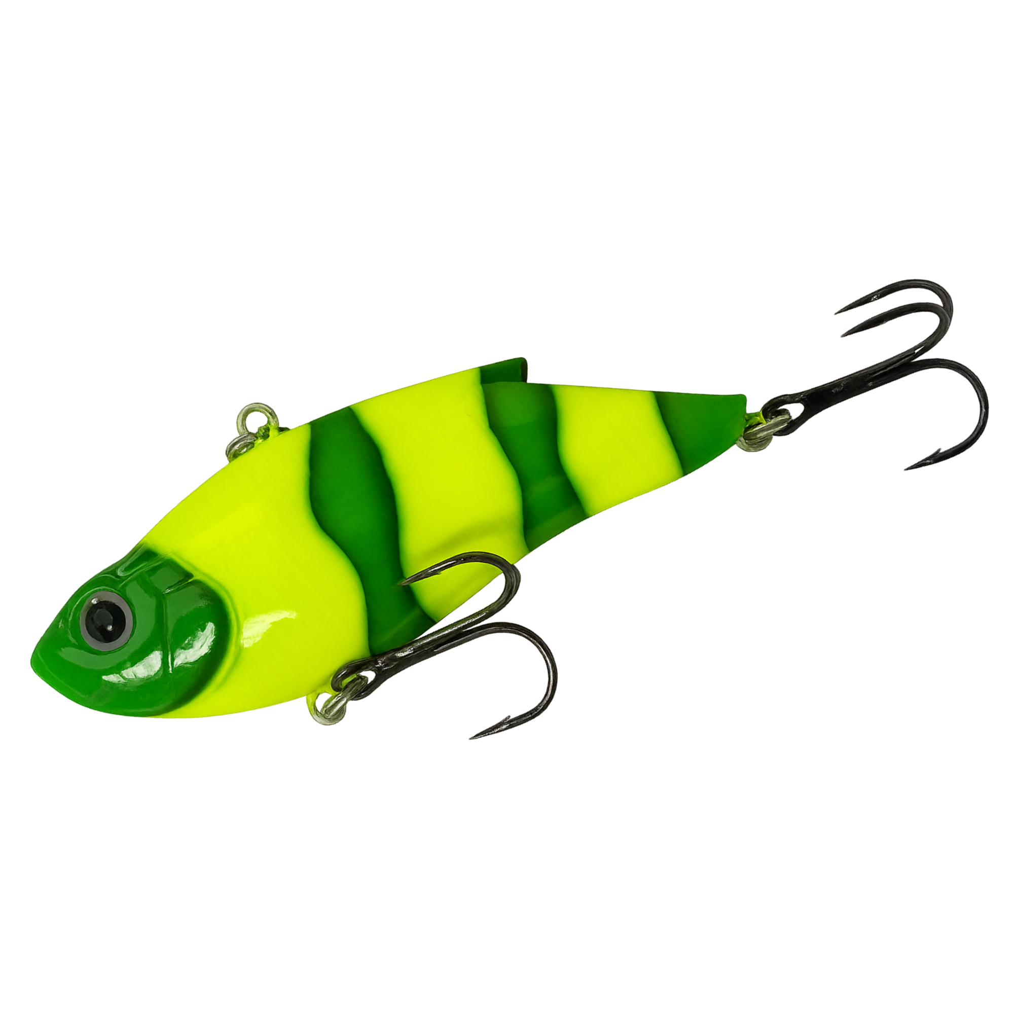 Green and yellow striped fishing lure with treble hooks on a white background