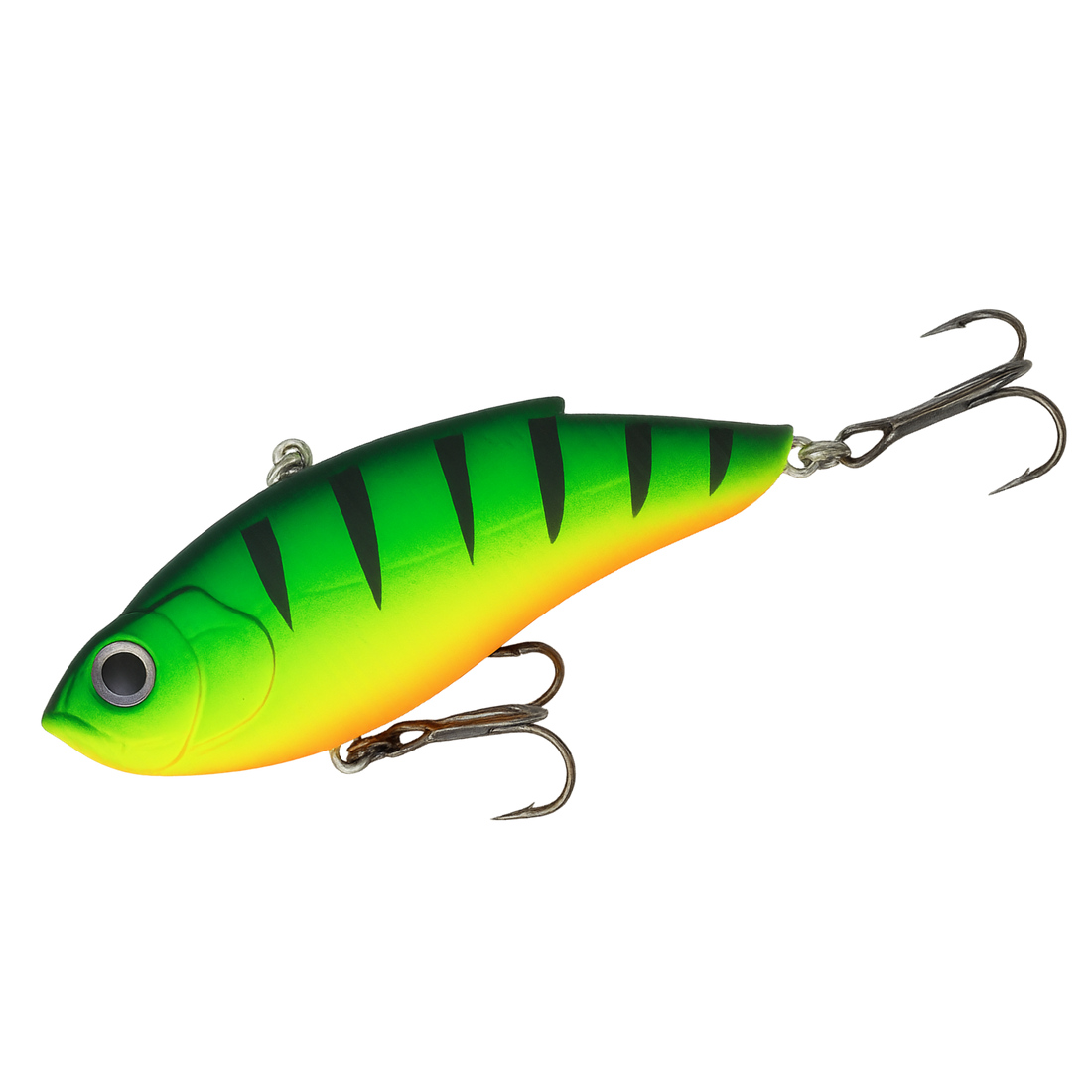 Green and yellow striped fishing lure on a white background