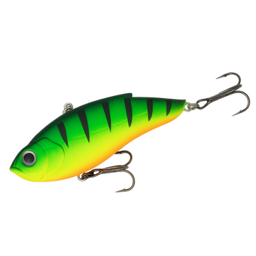 Green and yellow striped fishing lure on a white background