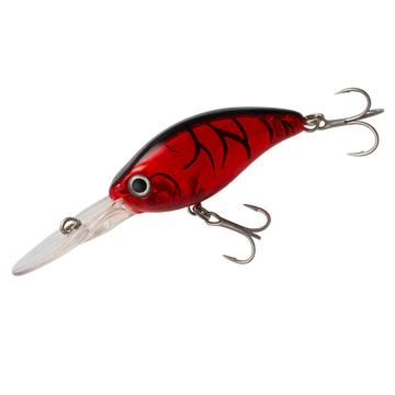 Red and black fishing lure on a white background