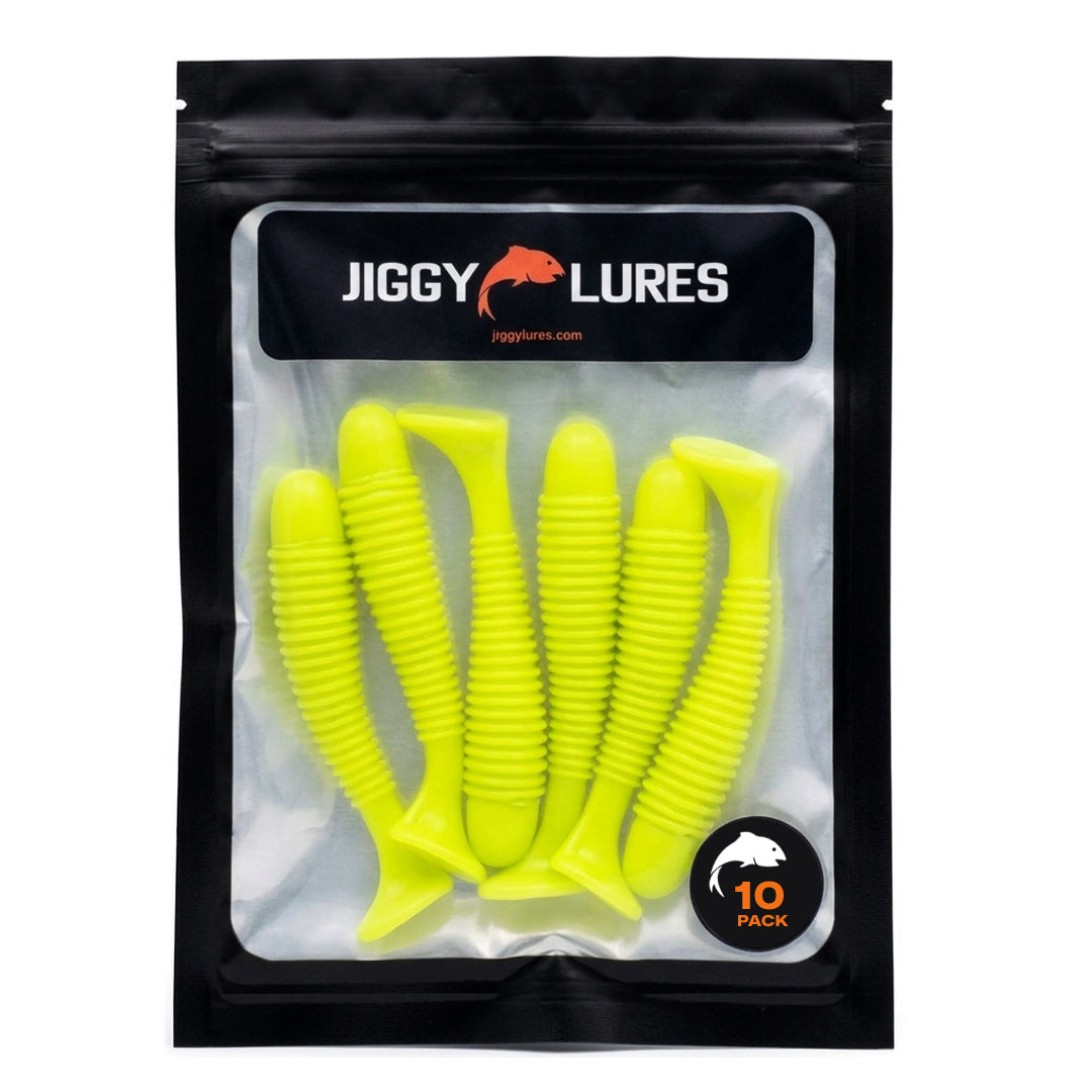 Pack of Jiggy Lures with yellow fishing lures on a black background