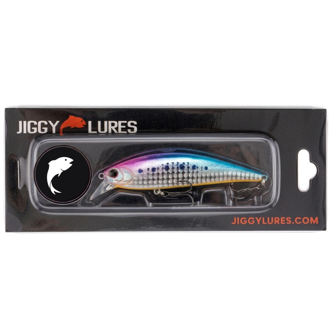 Fishing lure with a multicolored body and treble hooks on a white background