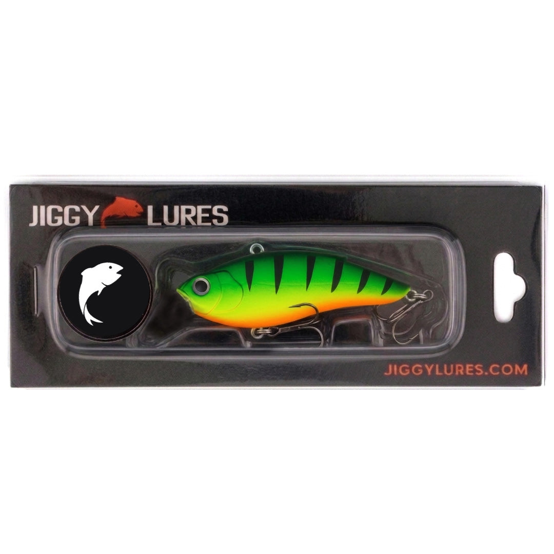 Green and yellow striped fishing lure on a white background